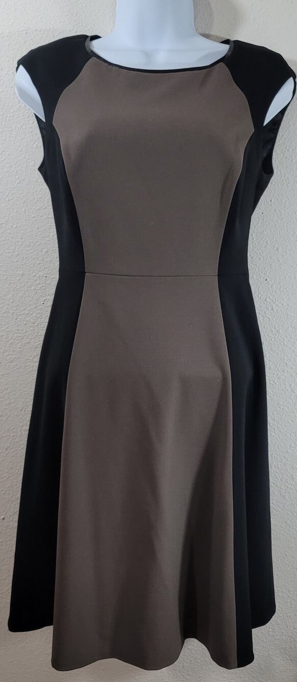 T Tahari Black Brown Color Block Sheath Dress 2 Lightweight Capped Sleeves Soft